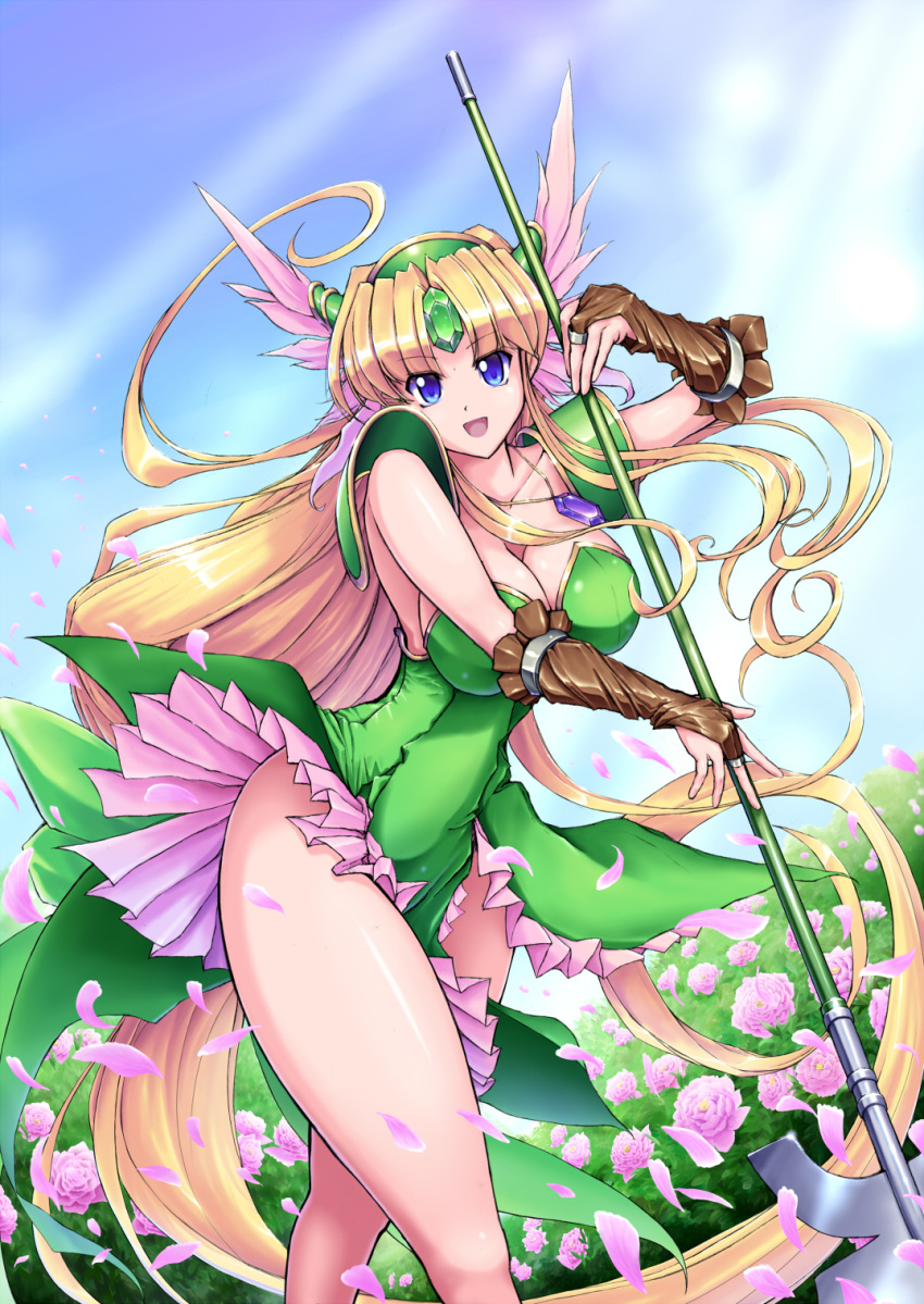 1girl, :d, absurdly_long_hair, blonde_hair, blue_eyes, blue_sky, breasts, bridal_gauntlets