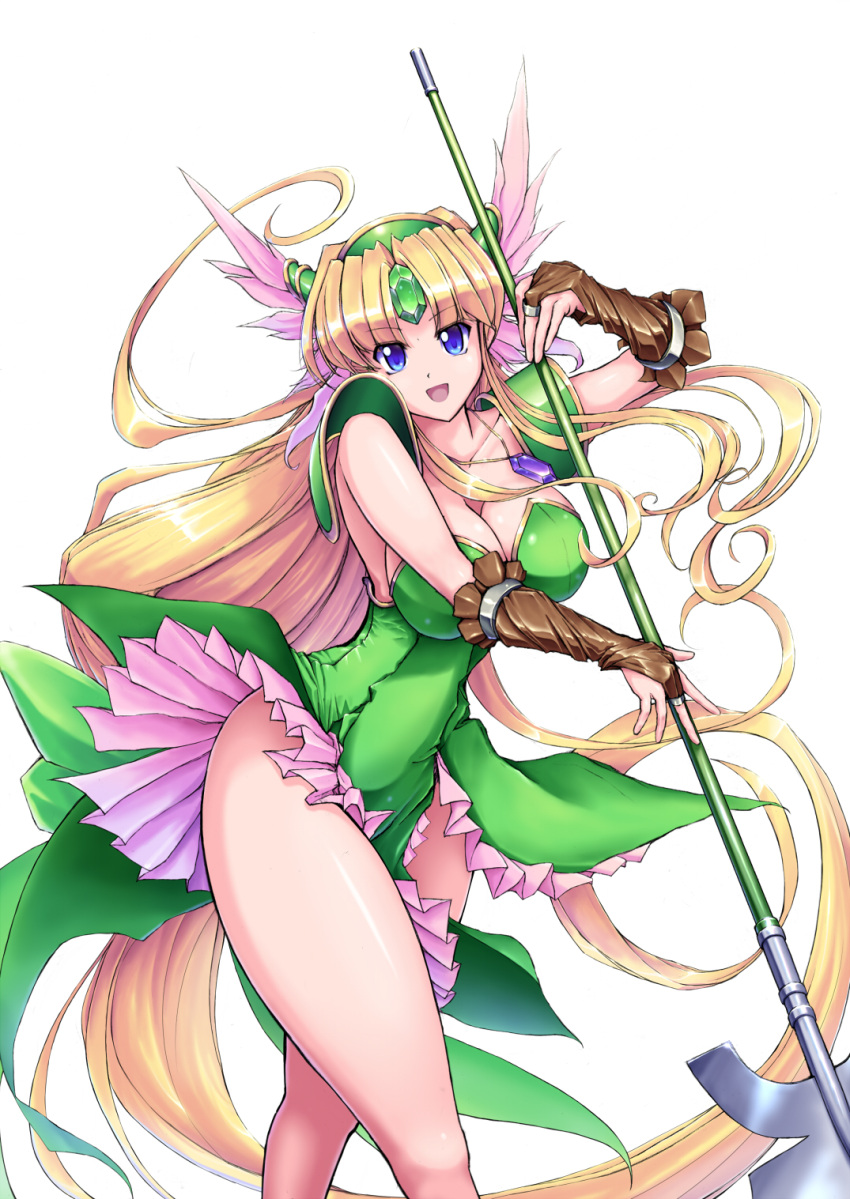 1girl, :d, absurdly_long_hair, blonde_hair, blue_eyes, breasts, bridal_gauntlets, cleavage