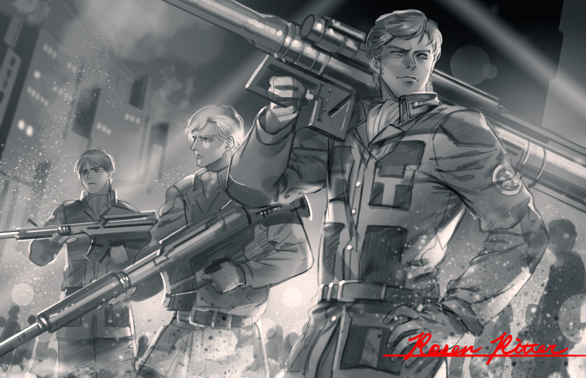 akakokko_(niro_azarashi), belt, building, ginga_eiyuu_densetsu, greyscale, gun, highres, kasper_linz