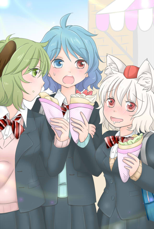 3girls, :d, :o, alternate_costume, animal_ears, blue_eyes, blue_hair, blush