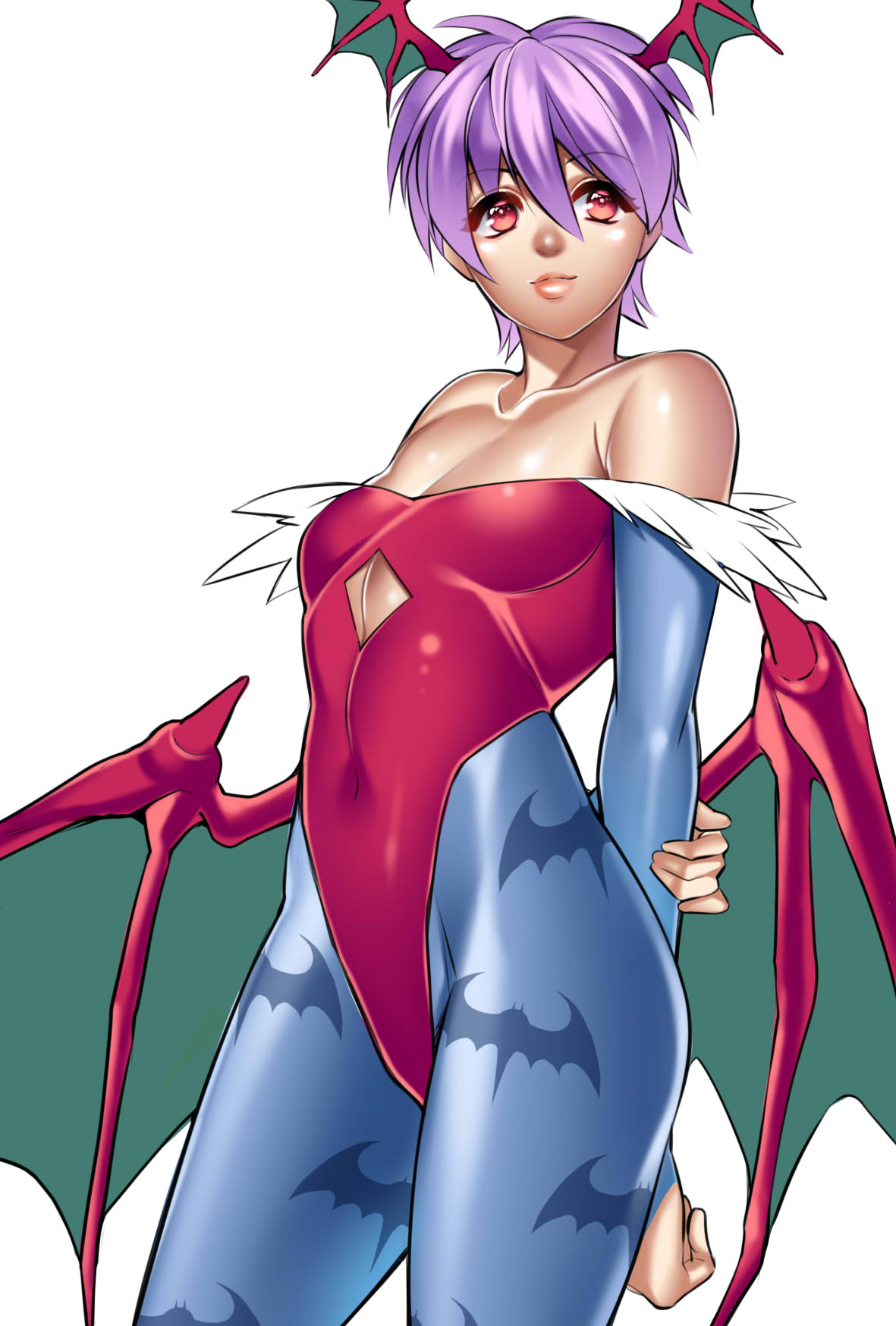 1girl, animal_print, arm_behind_back, bare_shoulders, bat_print, collarbone, contrapposto, covered_navel