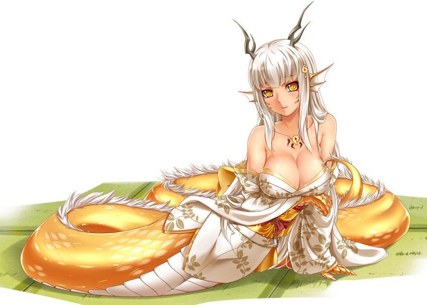 1girl, bare_shoulders, breasts, cleavage, dragon, dragon_girl, eastern_dragon, hair_ornament