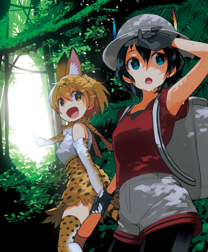 2girls, :d, :o, animal_ears, arm_up, armpit_peek, armpits, bag, blush, breasts, elbow_gloves, gloves, hat, hat_feather, holding_hands, kaban_(kemono_friends), kashi-k, kemono_friends, multiple_girls, open_mouth, pointing, red_shirt, serval_(kemono_friends), serval_ears, serval_print, serval_tail, shirt, smile, sweat, sweating, tail, wiping_sweat