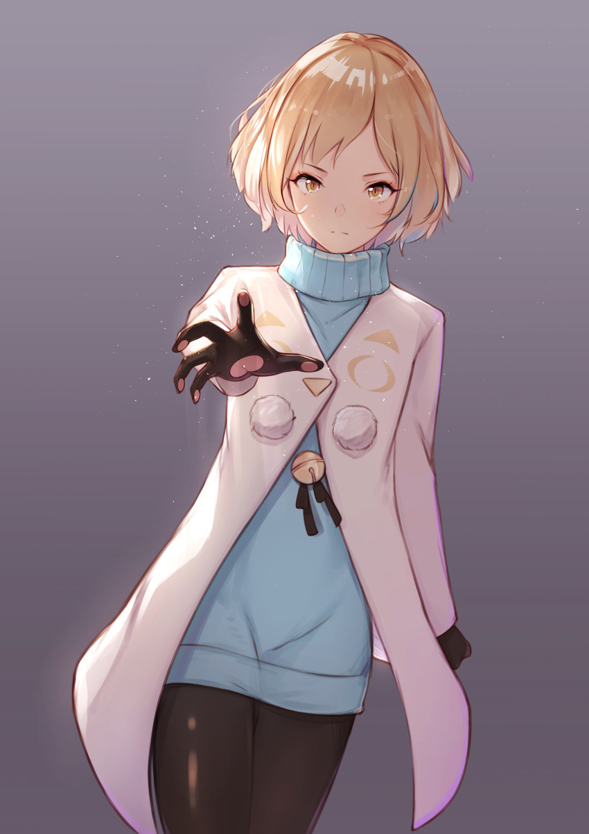 1girl, absurdres, bell, black_gloves, black_legwear, blue_sweater, coat, cowboy_shot