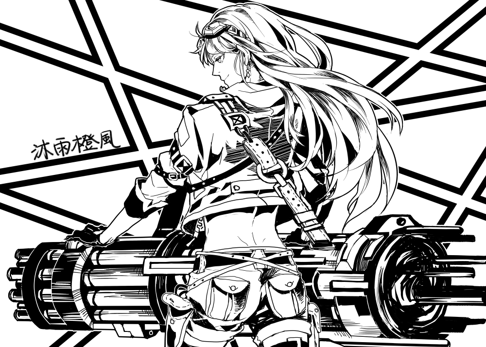 1girl, dancing_rain, gatling_gun, gloves, goggles, goggles_on_head, gun, high_contrast