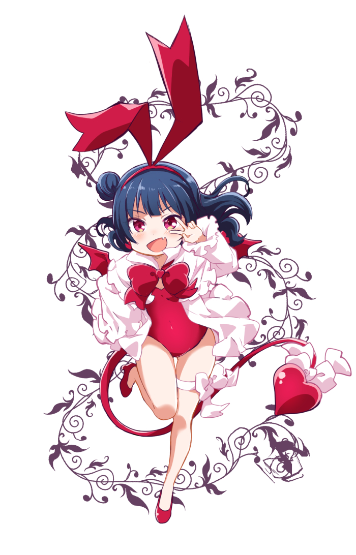1girl, blue_hair, bow, bowtie, cosplay, covered_navel, demon_tail, disgaea