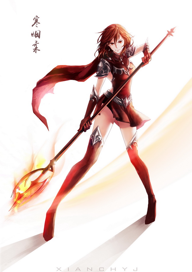 1girl, artist_name, character_name, fire, full_body, gloves, holding, holding_weapon