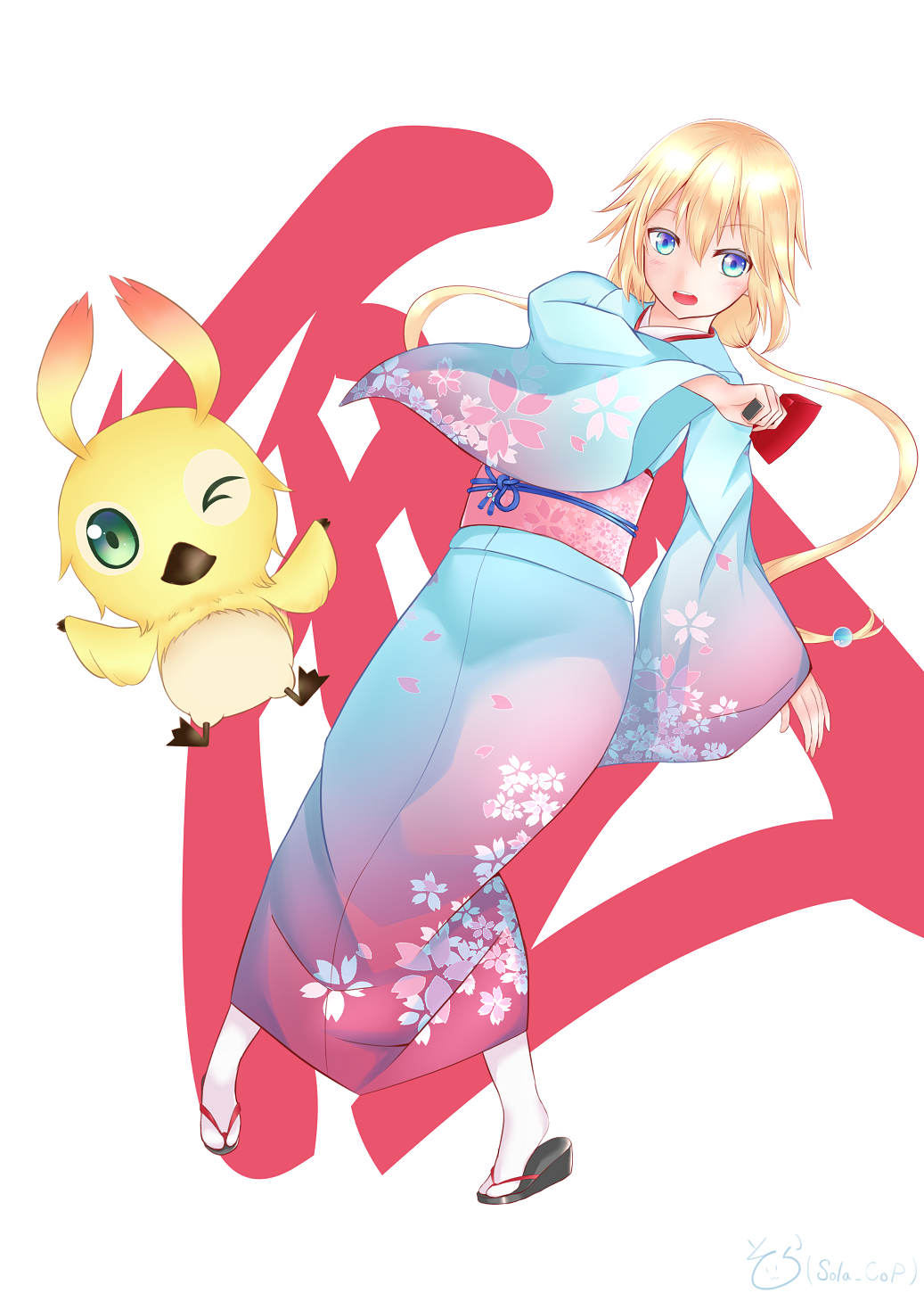 1girl, blonde_hair, blue_eyes, cherry_blossom_print, dutch_angle, floral_print, full_body, geta