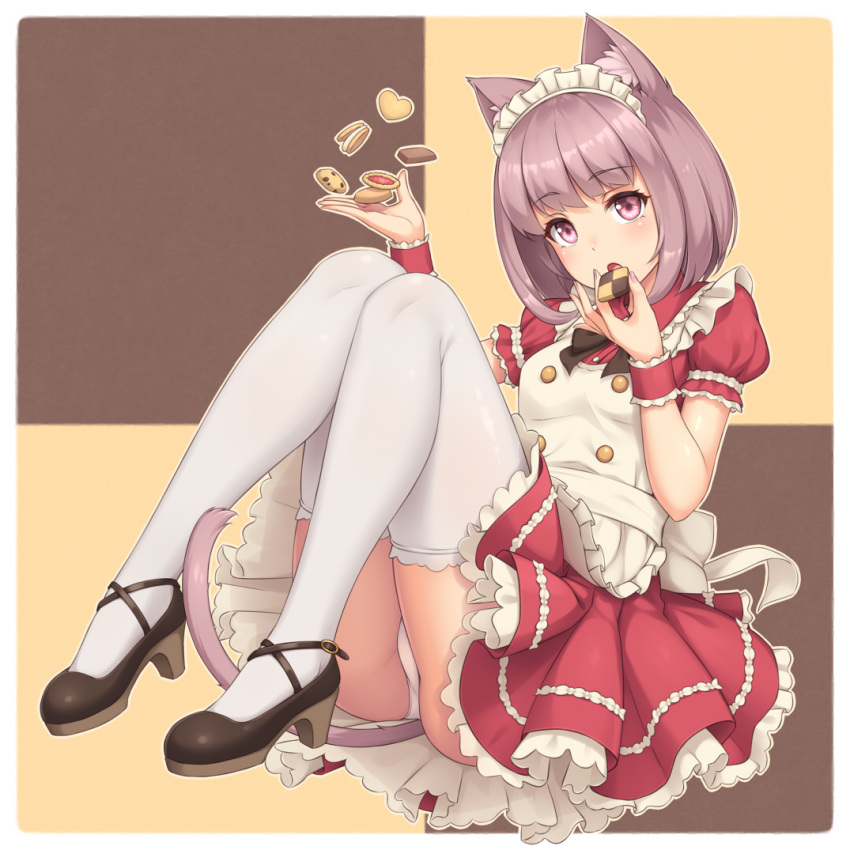 animal_ears, apron, biscuit, brown_eyes, brown_hair, cat_ears, cat_tail, food