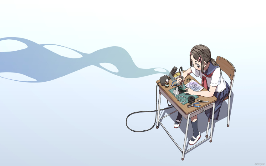 1girl, absurdres, artist_name, bangs, black_legwear, blue_background, blue_skirt, blueprint