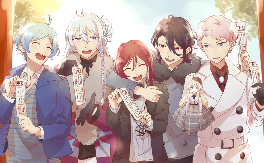 5boys, ahoge, aqua_hair, black_hair, blue_hair, braid, coat, doll, ensemble_stars!, hibiki_wataru, itsuki_shu, jacket, long_hair, mademoiselle_(ensemble_stars!), male_focus, multiple_boys, pink_hair, red_eyes, redhead, sakasaki_natsume, sakuma_rei_(ensemble_stars!), scarf, shinkai_kanata, short_hair, silver_hair, smile, sweater, turtleneck, turtleneck_sweater, winter_clothes