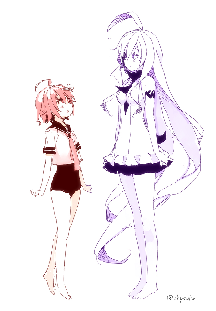 2girls, :o, ahoge, barefoot, breasts, dress, hair_ornament, height_difference