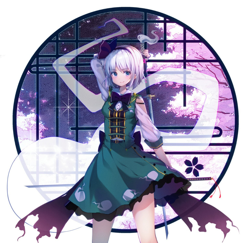 1girl, arm_behind_head, belt, black_bow, black_bowtie, black_ribbon, blush, bow