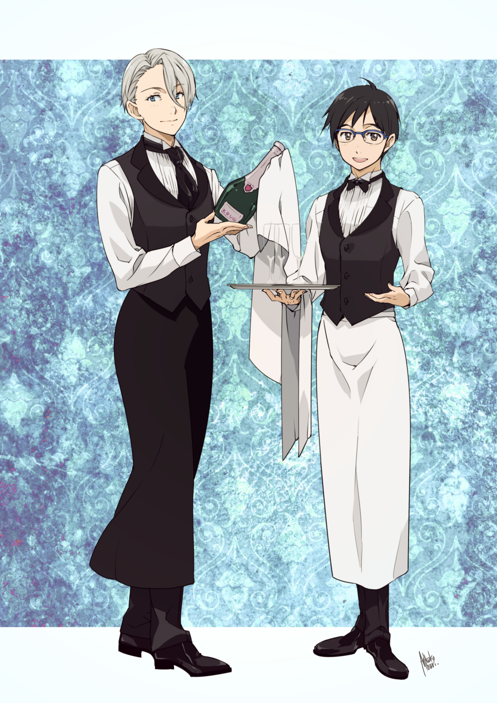 2boys, apron, black_hair, blue-framed_eyewear, blue_eyes, bow, bowtie, brown_eyes