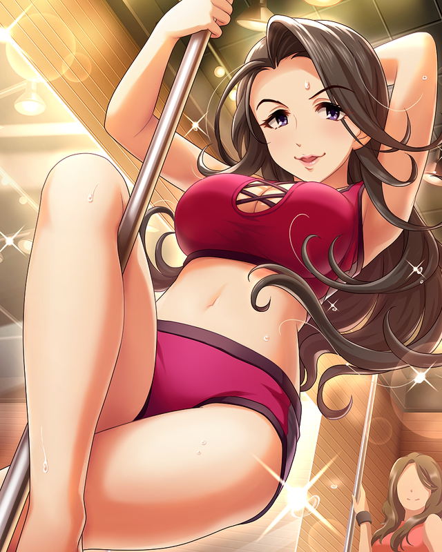 2girls, armpits, artist_request, barefoot, black_hair, breasts, brown_hair, cleavage