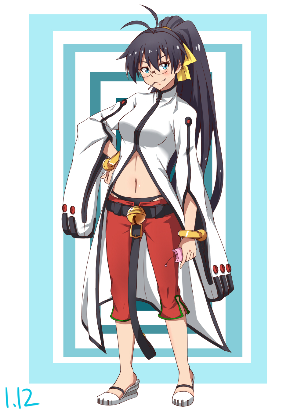 >:), antenna_hair, bangle, bell, belt, black_hair, black_panties, blazblue