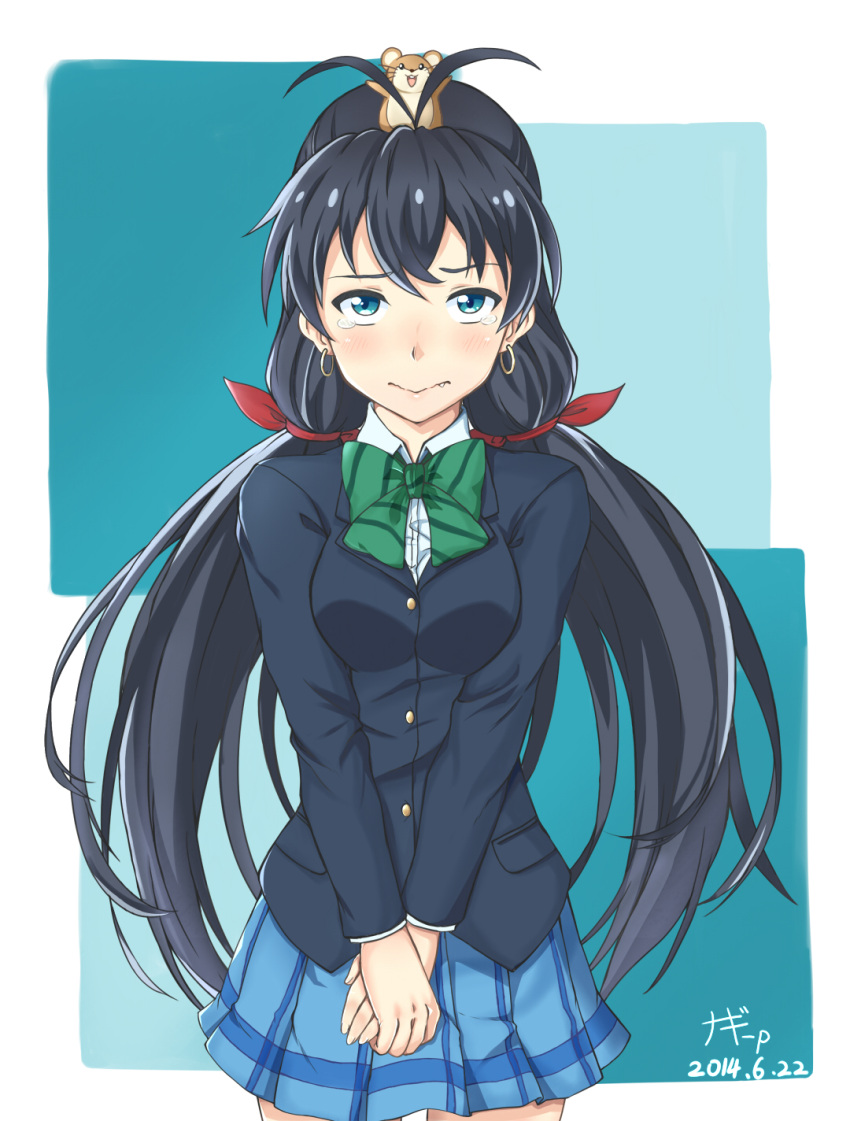 1girl, 2014, :>, :3, :d, alternate_hairstyle, animal, animal_on_head