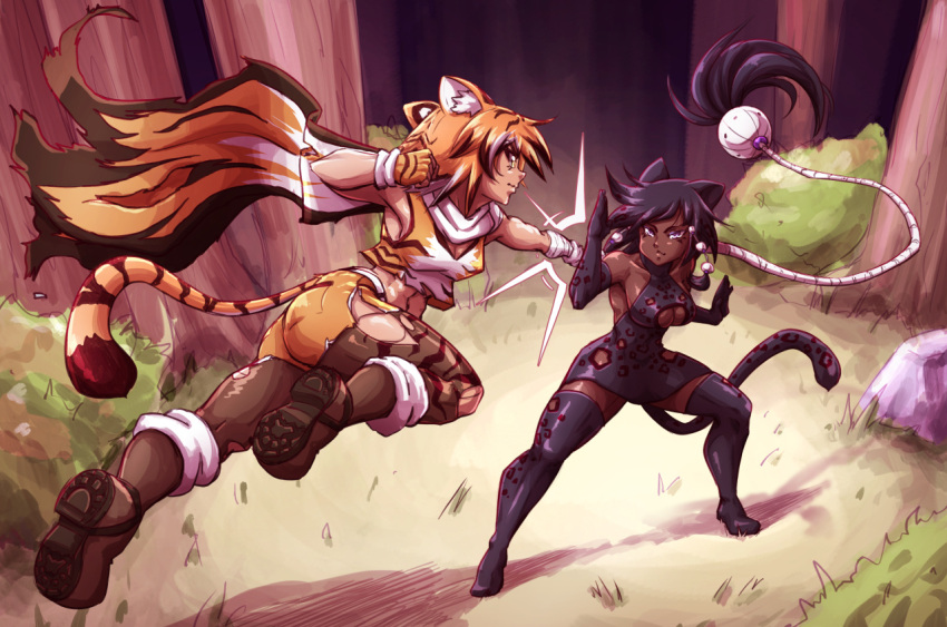 2girls, _cutout, animal_ears, animal_print, black_hair, breasts, cleavage, dark_skin