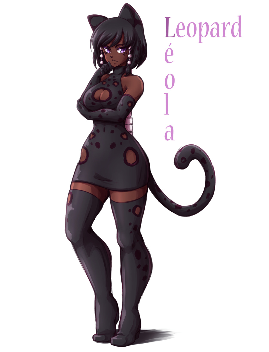 1girl, _cutout, black_hair, breasts, cleavage, dark_skin, leola, leopard_ears, leopard_tail, mazume, original, thigh-highs, violet_eyes