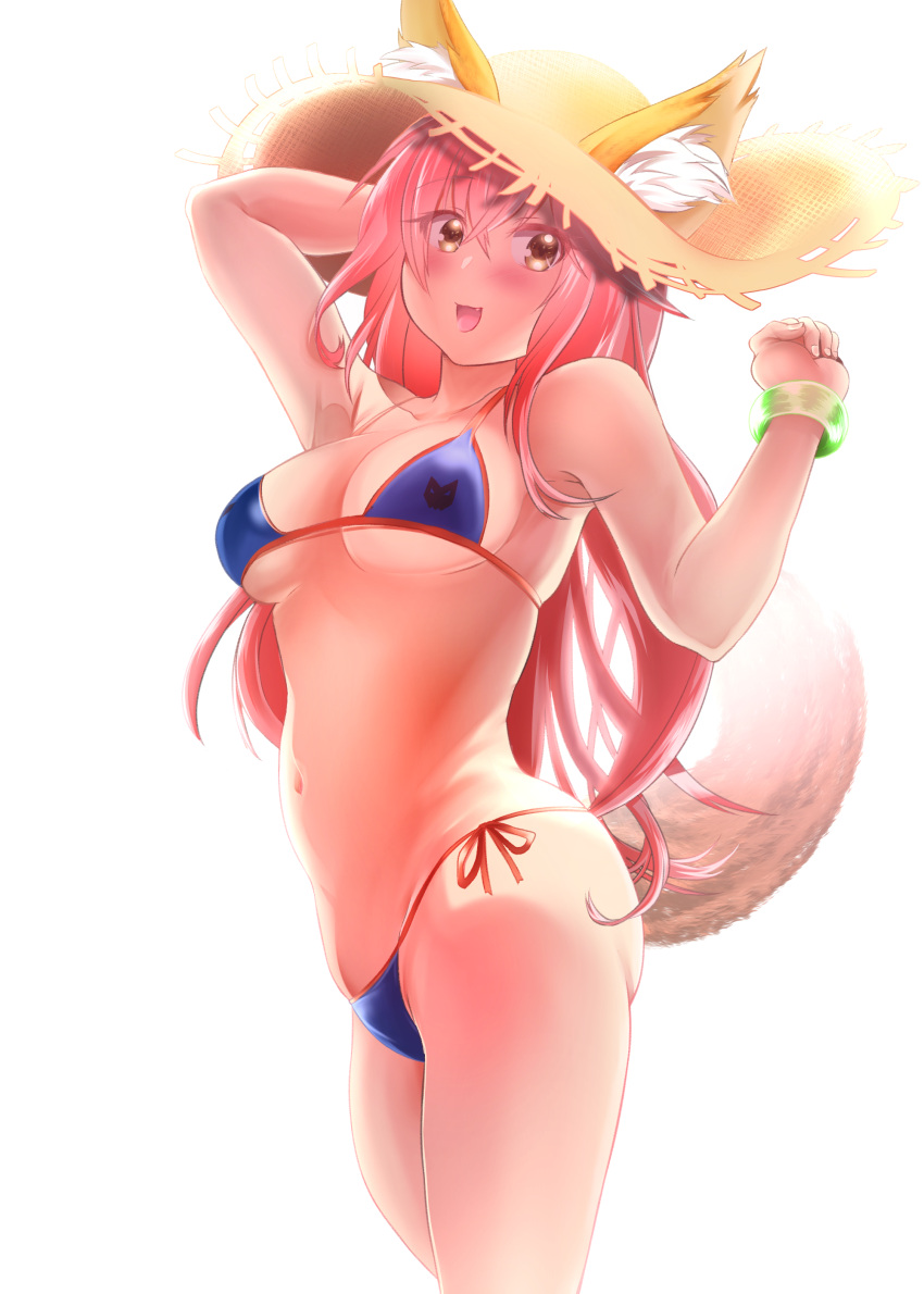 1girl, absurdres, animal_ears, bikini, blue_bikini, blush, breasts, cleavage