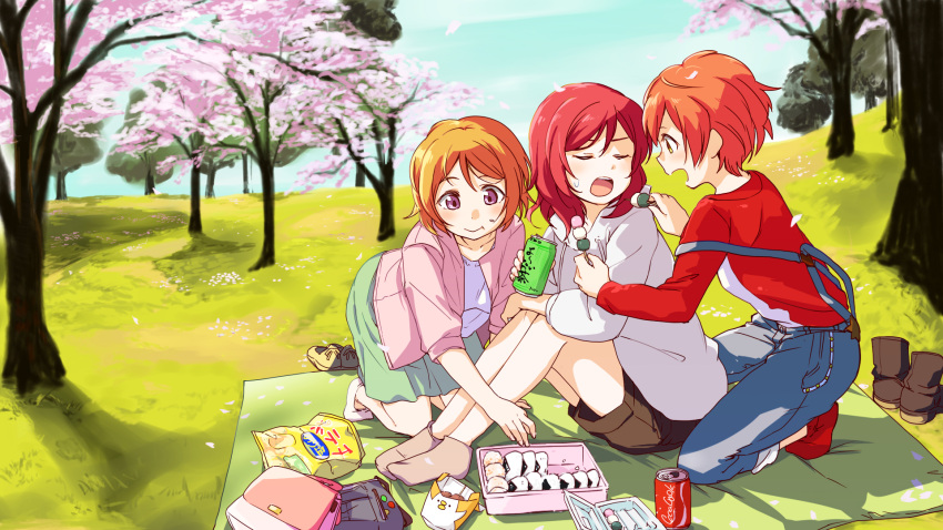 blush, brown_hair, cherry_blossoms, closed_eyes, dango, feeding, feet, food
