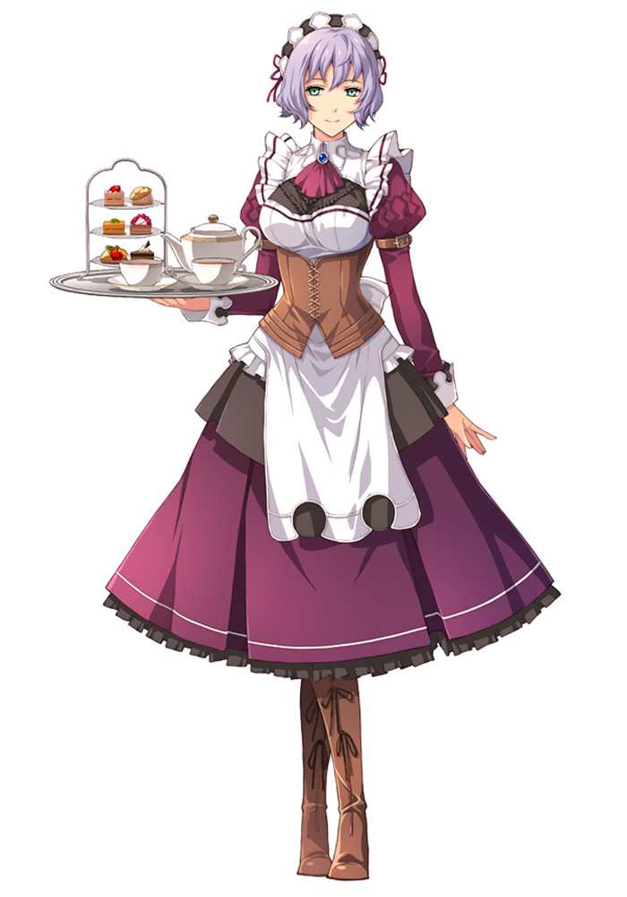 1girl, apron, artist_request, boots, breasts, corset, cup, detached_sleeves