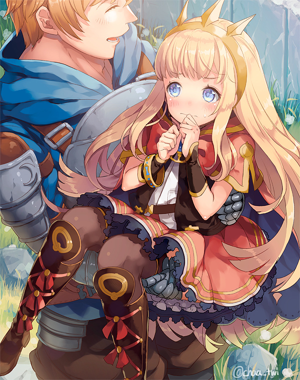 1boy, 1girl, armor, bangs, black_legwear, blonde_hair, blue_eyes, blush