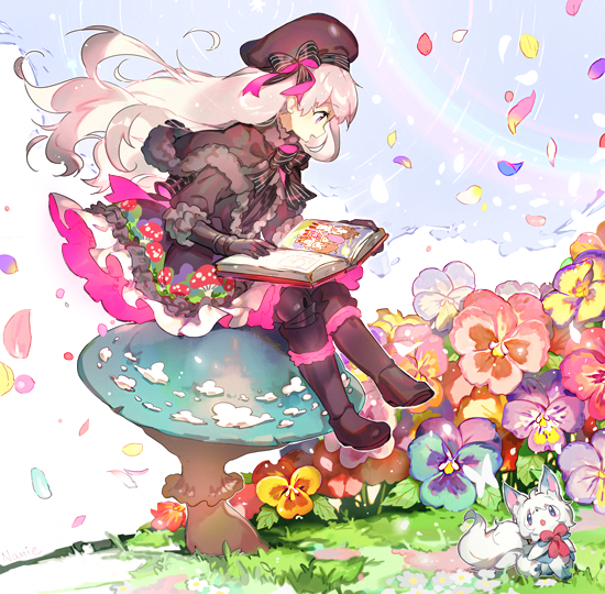 :d, animal, beret, black_boots, black_bow, black_bowtie, black_hat, black_skirt