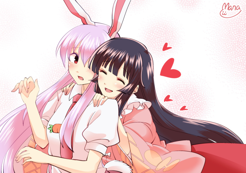 2girls, :d, ^_^, animal_ears, bangs, black_hair, blouse, blunt_bangs