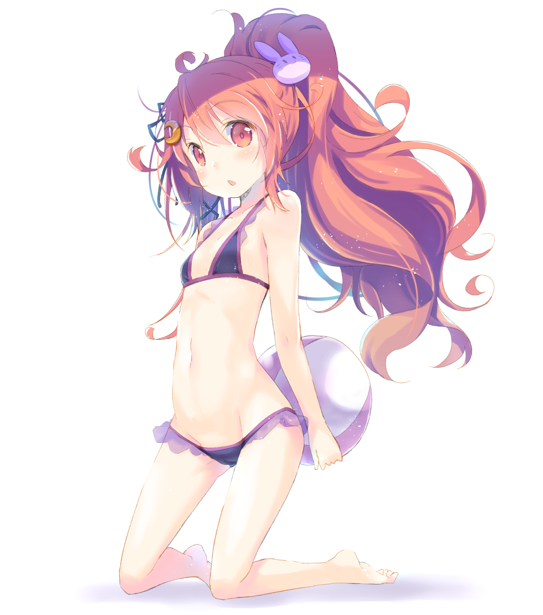 1girl, :o, ahoge, alternate_costume, alternate_hairstyle, ball, bare_arms, bare_legs