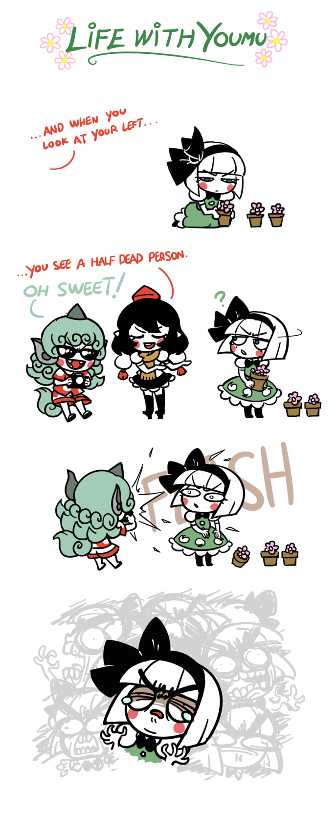3girls, ?, blue_eyes, blush_stickers, camera, chibi, closed_eyes, comic
