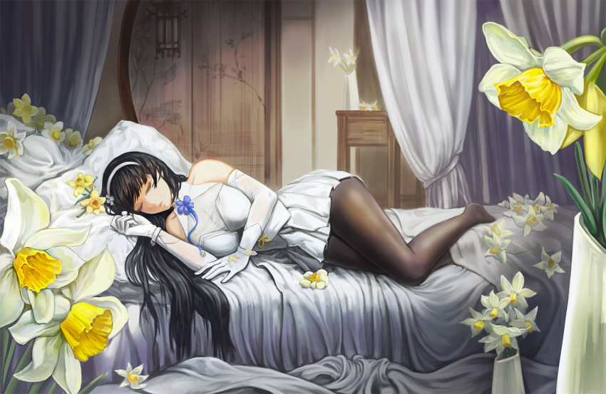 1girl, bed, bed_sheet, black_hair, closed_eyes, curtains, elbow_gloves, f_and_d