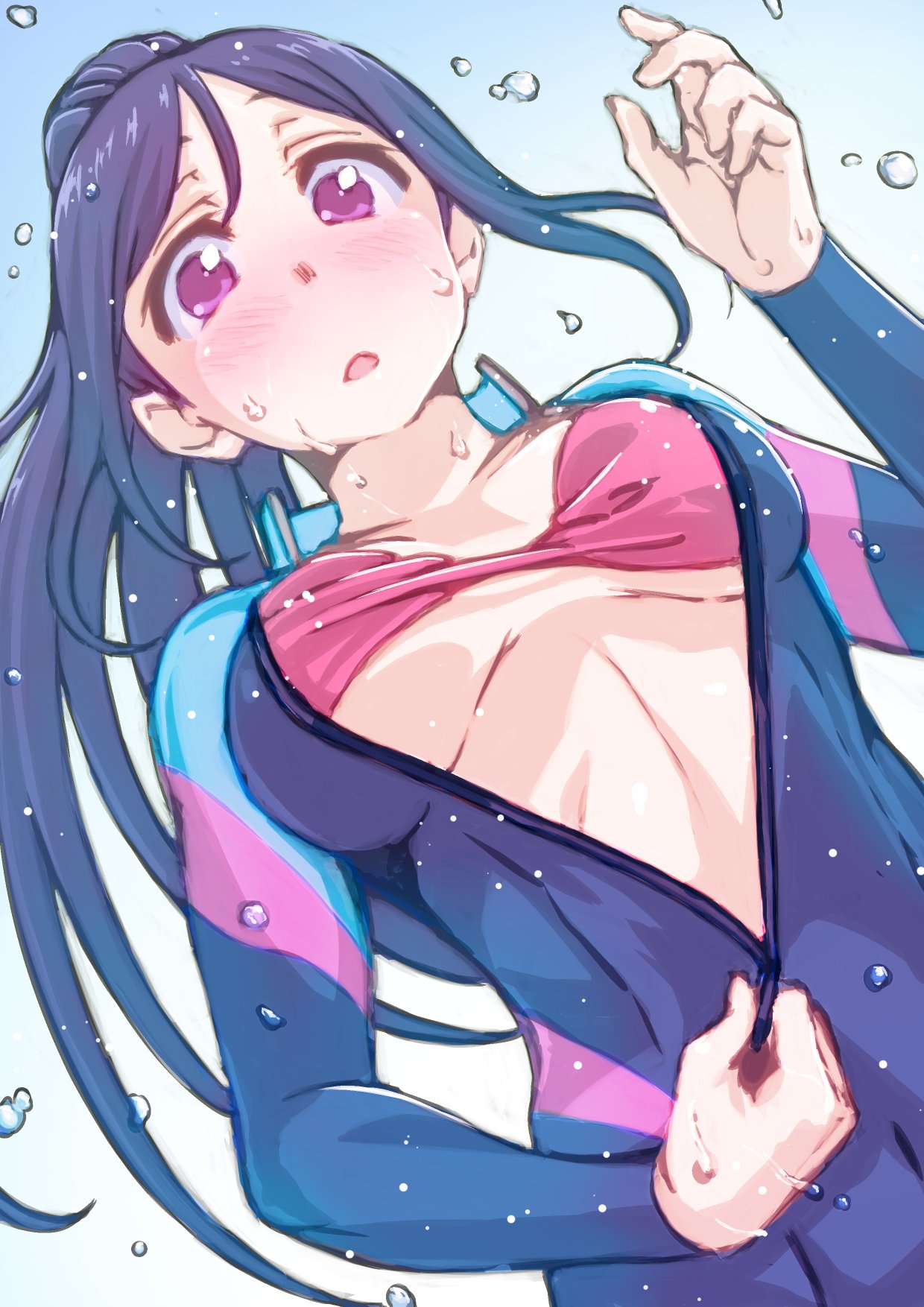 1girl, ayumu-k, bikini, bikini_top, blue_hair, blush, breasts, dutch_angle