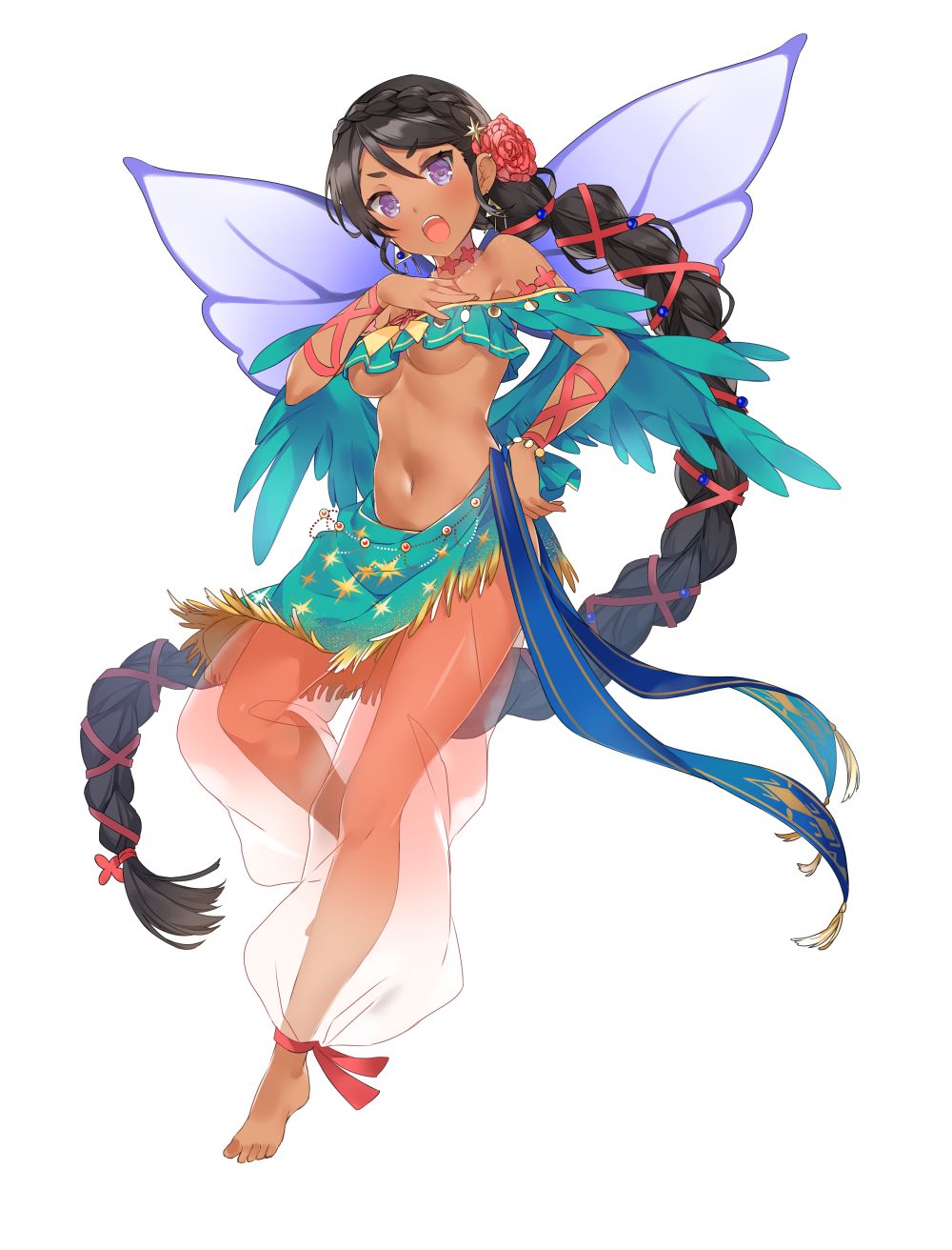 1girl, bare_shoulders, barefoot, blush, braid, brown_hair, chichi_(omega_labyrinth), earrings, fairy_wings, flower, full_body, hair_flower, hair_ornament, highres, jewelry, long_hair, midriff, navel, official_art, omega_labyrinth, omega_labyrinth_z, open_mouth, simple_background, solo, teeth, tousaki_umiko, violet_eyes, white_background, wings
