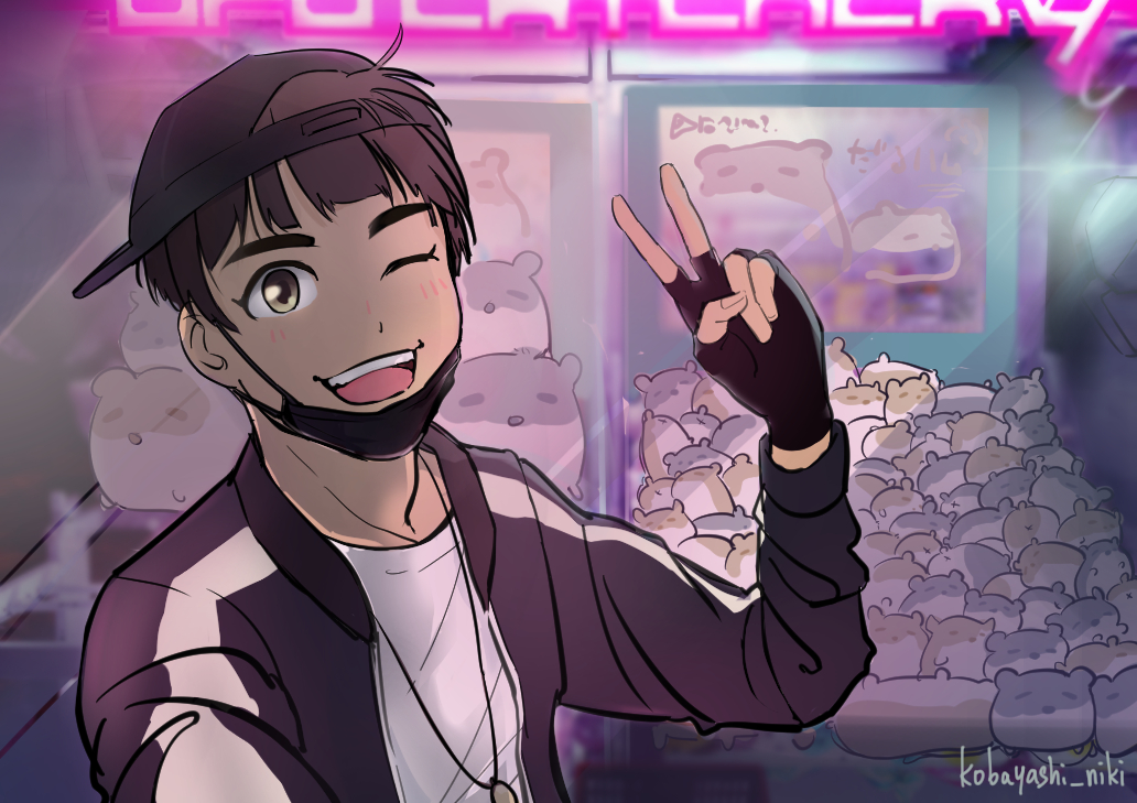 1boy, ;d, artist_name, backwards_hat, baseball_cap, black_hair, fingerless_gloves, gloves