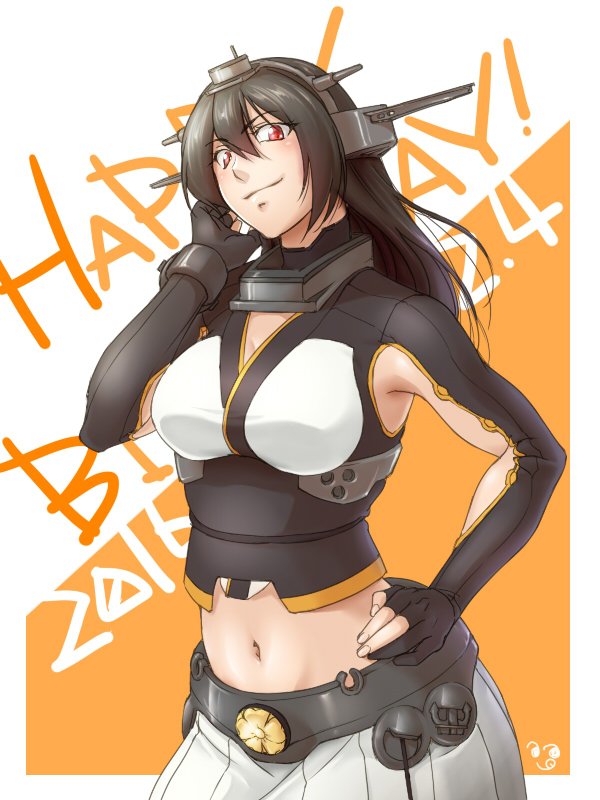 1girl, alternate_costume, blush, brown_hair, collar, cowboy_shot, english, gloves