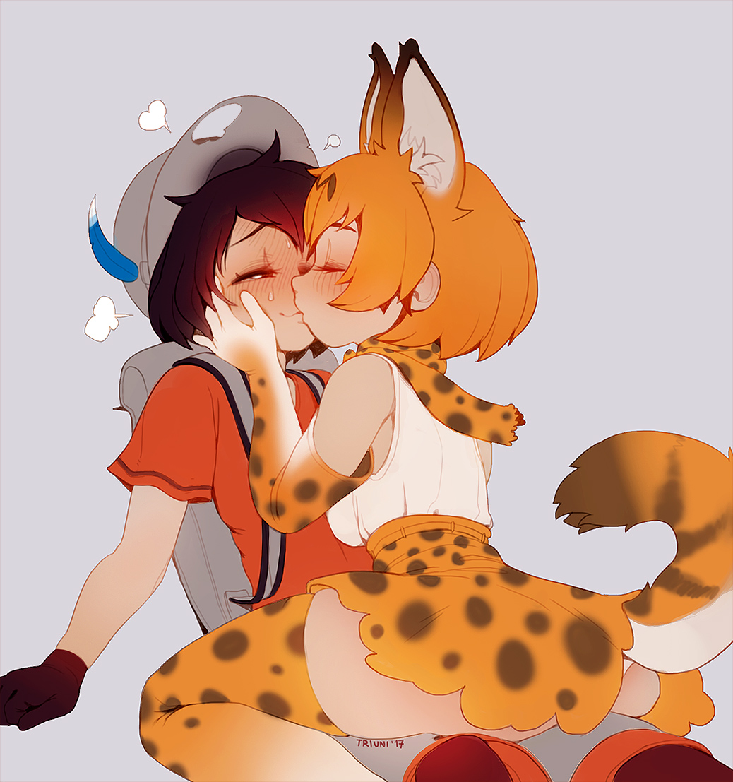 2girls, animal_ears, artist_name, backpack, bag, black_hair, blonde_hair, blush, cat_tail, closed_eyes, commentary, dated, elbow_gloves, gloves, hands_on_another's_face, hat, heart, kaban_(kemono_friends), kemono_friends, kiss, multiple_girls, scarf, serval_(kemono_friends), shorts, sitting, sitting_on_lap, sitting_on_person, skindentation, skirt, skirt_lift, spotted_skirt, steam, sweat, tail, thigh-highs, triuni, yuri