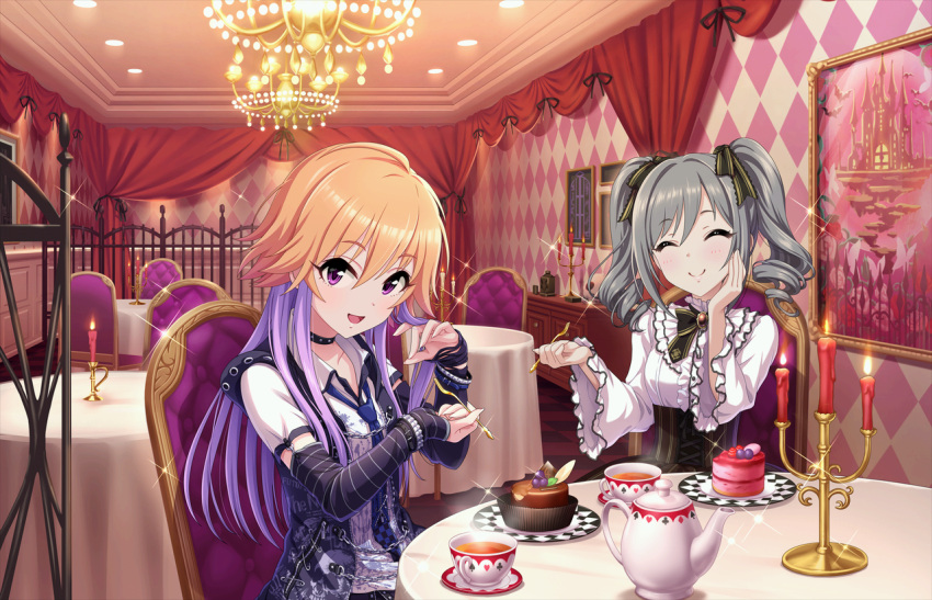 2girls, :d, ^_^, argyle, arms_up, artist_request, asymmetrical_clothes, asymmetrical_sleeves, bangs, bite_mark, black_bow, black_bowtie, black_choker, black_ribbon, black_skirt, black_vest, blouse, blue_necktie, blueberry, blush, bow, bowtie, bracelet, brooch, buckle, buttons, cabinet, cake_decoration, candle, candle_wax, candlestand, ceiling_light, chains, chair, chandelier, checkered, checkered_floor, checkered_necktie, choker, closed_eyes, closed_mouth, clothes_writing, clubs, collarbone, collared_shirt, cross-laced_clothes, cup, curtains, detached_sleeves, diamond_(shape), dot_nose, drill_hair, eating, eyebrows_visible_through_hair, eyelashes, eyes_visible_through_hair, facing_viewer, fence, fire, flame, food, fork, framed_image, frilled_blouse, frilled_shirt_collar, frilled_sleeves, frills, front-tie_top, fruit, gold_trim, grey_hair, hair_between_eyes, hair_bow, hair_extensions, hair_intakes, hair_over_shoulder, hand_on_own_cheek, heart, high_collar, holding, holding_fork, idolmaster, idolmaster_cinderella_girls, idolmaster_cinderella_girls_starlight_stage, indoors, jewelry, kanzaki_ranko, lace-trimmed_bow, lips, long_hair, long_sleeves, looking_at_viewer, loose_necktie, multicolored_hair, multiple_girls, necktie, ninomiya_asuka, official_art, on_chair, open_mouth, orange_hair, plate, print_necktie, print_vest, punk, purple_hair, raised_eyebrows, raspberry, ribbon, round_table, safety_pin, saucer, shirt, shirt_tucked_in, short_hair, sitting, skeleton_print, skirt, sleeves_past_wrists, smile, spade, sparkle, splatter_print, steam, studded_bracelet, swept_bangs, table, tablecloth, tea, teacup, teapot, twin_drills, twintails, two-tone_hair, underbust, vest, violet_eyes, white_blouse, white_shirt, wide_sleeves, wing_collar, zipper