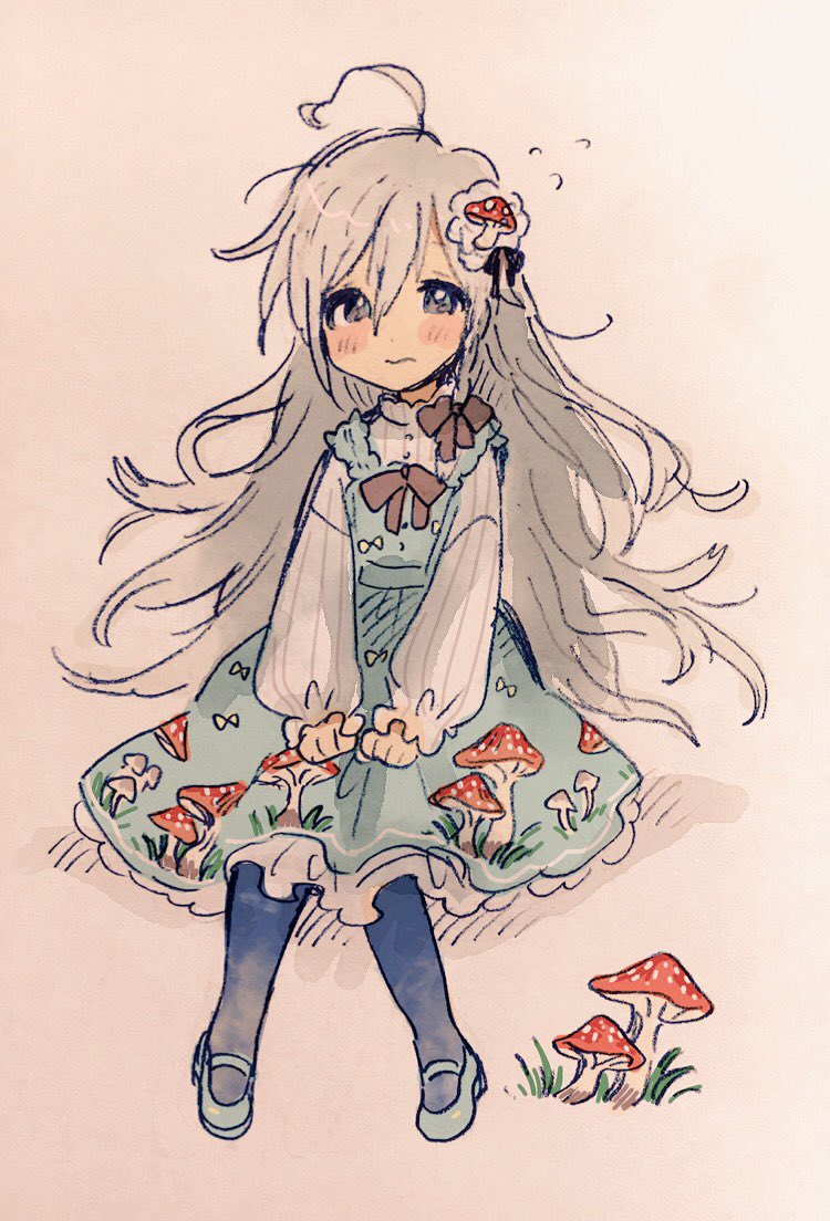 1girl, :s, ahoge, beige_background, black_legwear, black_ribbon, blue_dress, blue_footwear
