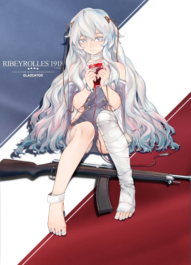 1girl, assault_rifle, bandage, bare_shoulders, barefoot, blue_eyes, character_name, chauchat-ribeyrolles_1918