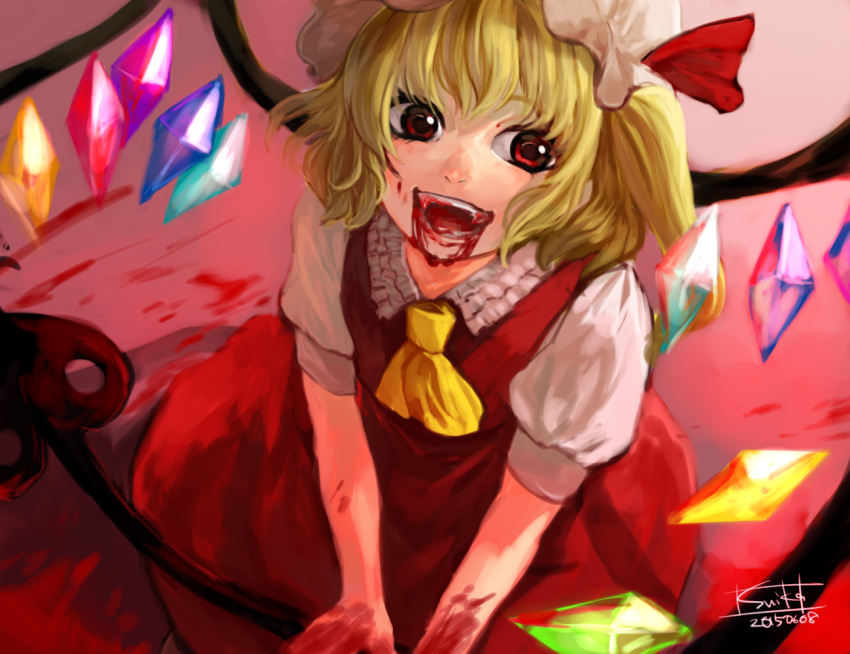 1girl, ascot, blonde_hair, blood, blood_in_mouth, blood_on_face, crystal, dated