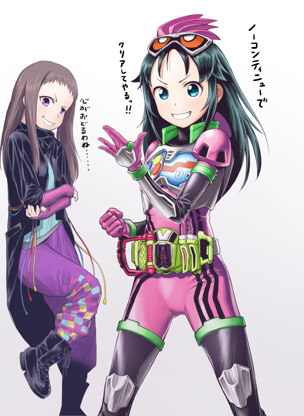 2girls, armor, belt, black_hair, blue_eyes, breastplate, brown_hair, commentary_request