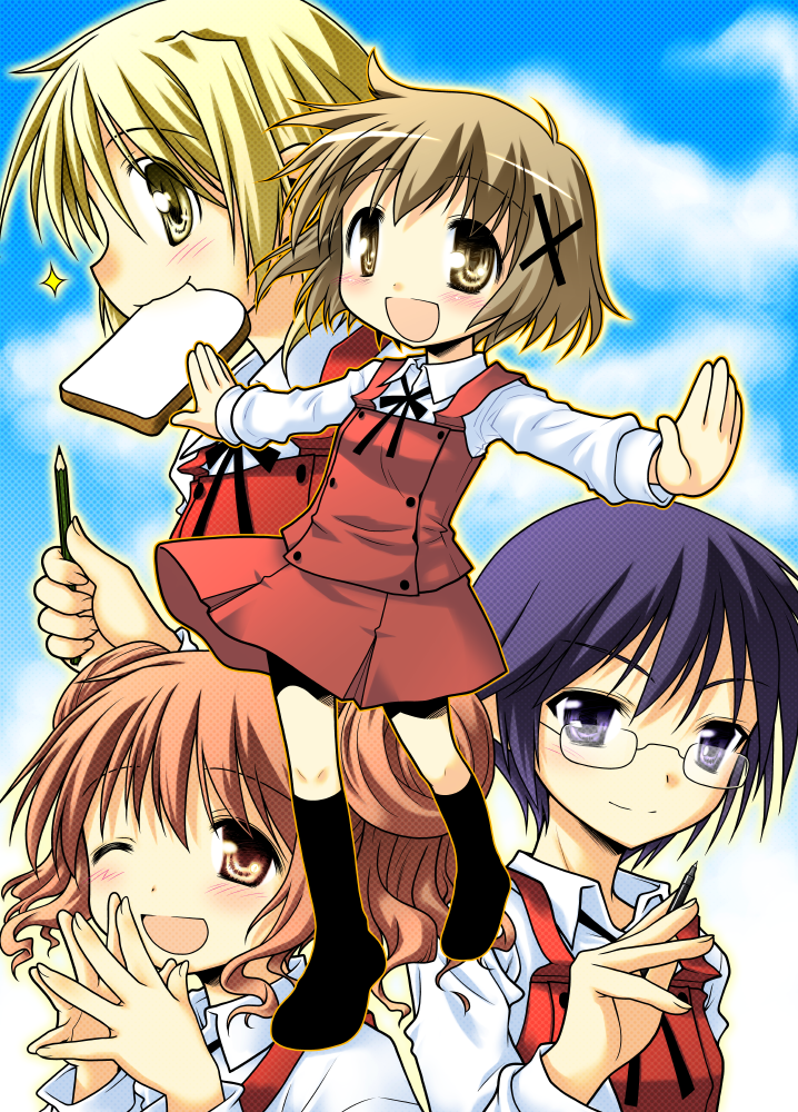 blue_eyes, blue_hair, bread, brown_eyes, brown_hair, double_bun, food, glasses
