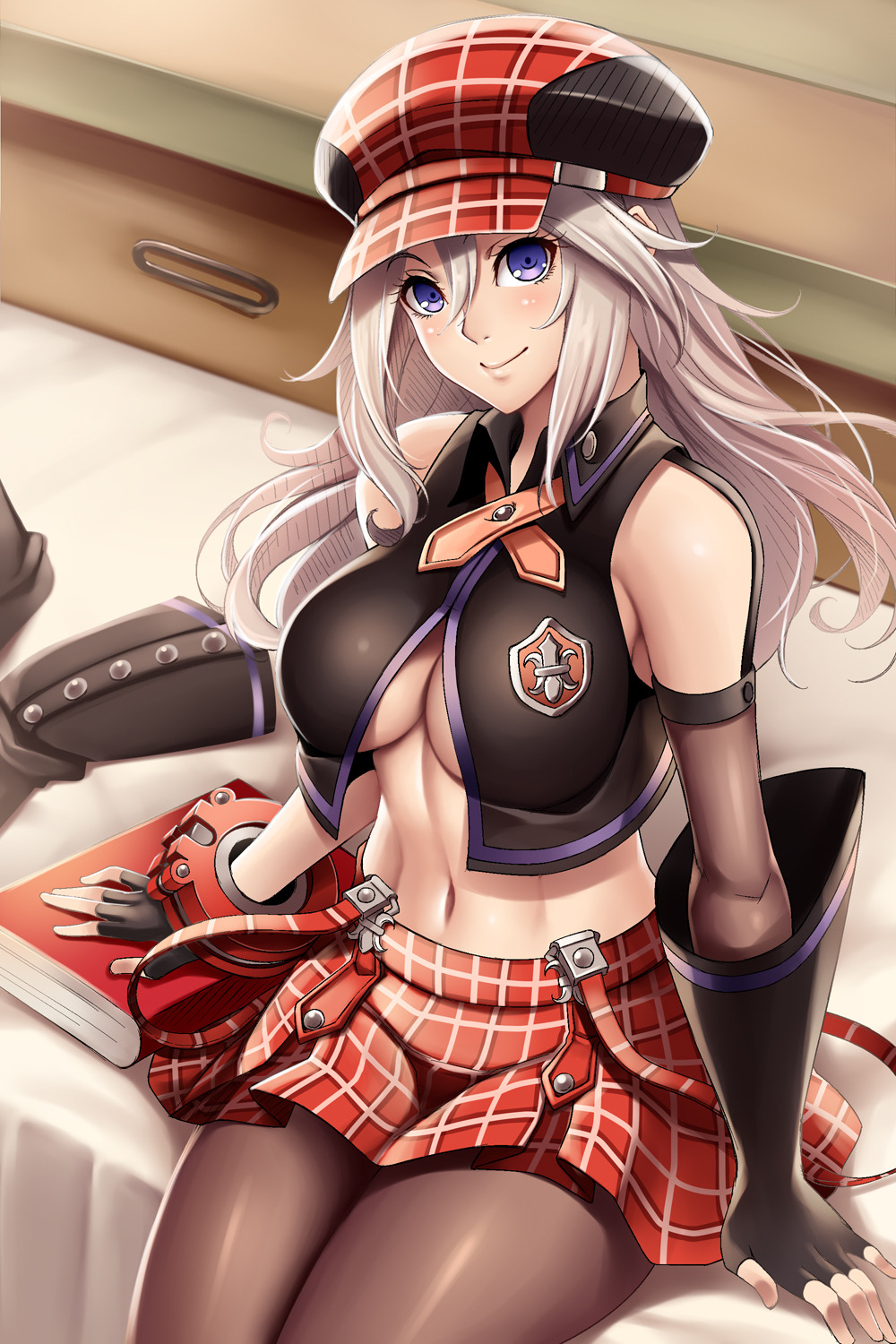 1girl, alisa_ilinichina_amiella, bare_shoulders, black_boots, black_legwear, blonde_hair, blue_eyes, blush