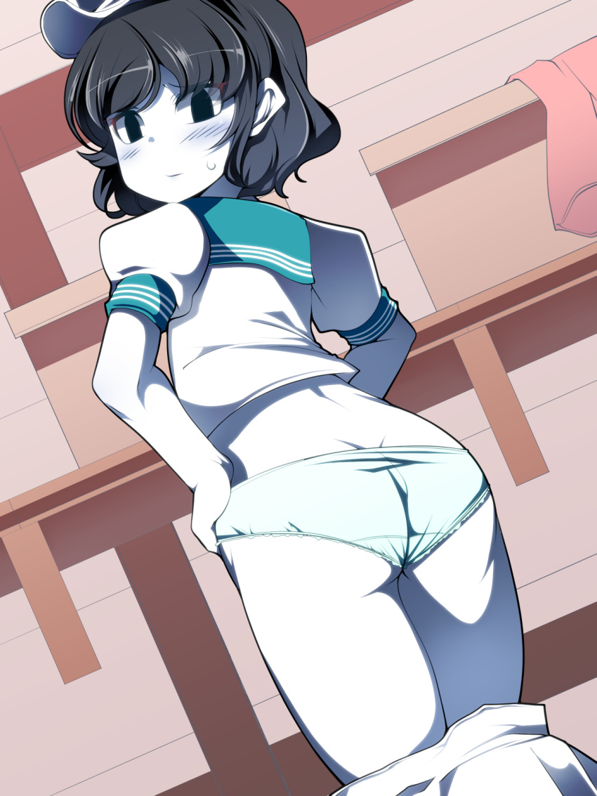 1girl, ass, black_eyes, black_hair, blush, doku_corne, dutch_angle, from_behind