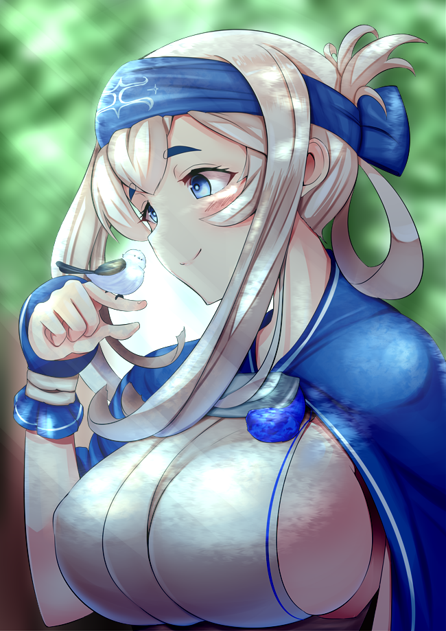 1girl, ainu_clothes, bird, bird_on_hand, blue_eyes, breasts, headband, kamoi_(kantai_collection)