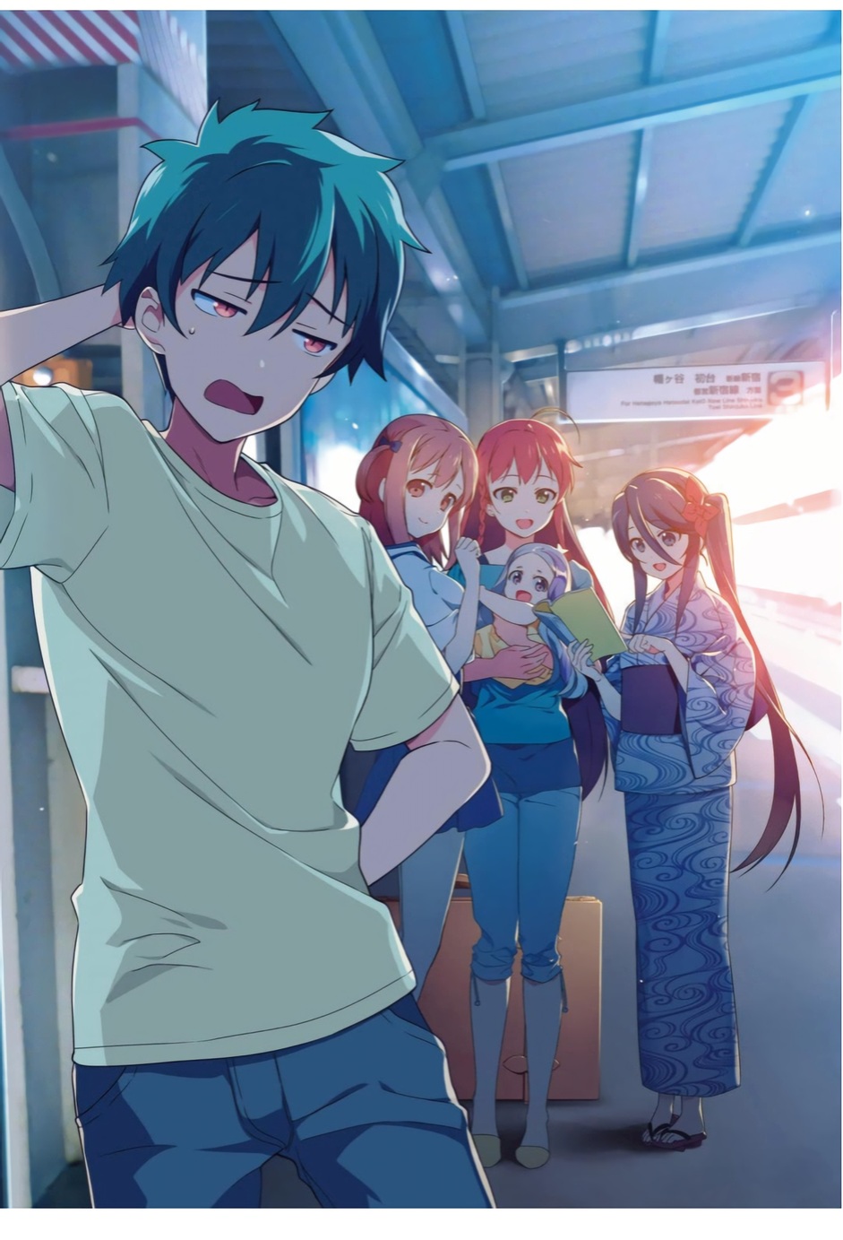 1boy, 4girls, ahoge, akio_hiiragi, arras_ramus, baby, black_hair, hair_ornament, hataraku_maou-sama!, highres, japanese_clothes, kamazuki_suzuno, kimono, maou_sadao, multiple_girls, official_art, open_mouth, orange_hair, redhead, sasaki_chiho, side_ponytail, standing, station, yusa_emi