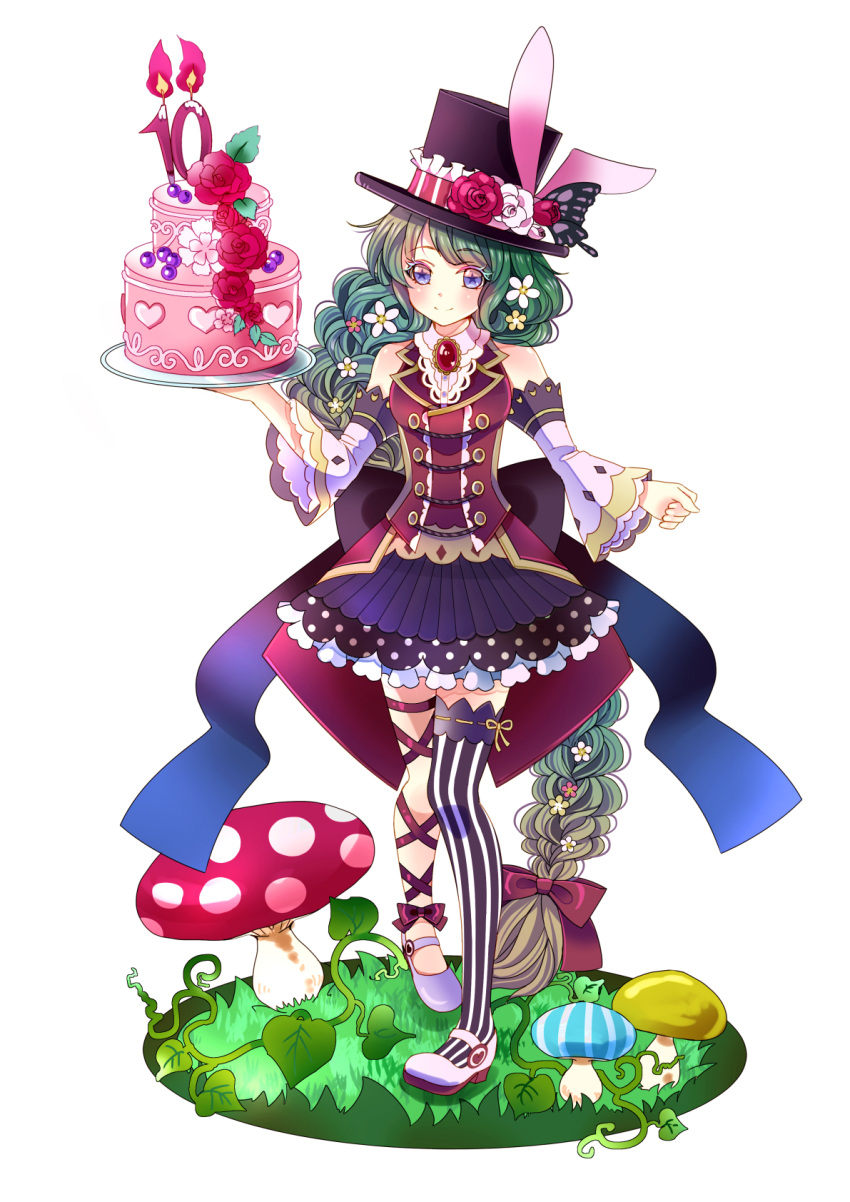 +_+, 1girl, absurdly_long_hair, animal_ears, black_hat, bow, braid, butterfly_wings, cake, detached_sleeves, flower, food, grass, green_hair, hair_bow, hair_flower, hair_ornament, hat, hat_flower, hat_ornament, heart, highres, holding, holding_tray, leg_ribbon, long_hair, looking_at_viewer, mismatched_footwear, mismatched_legwear, mushroom, pink_bow, pocketland, rabbit_ears, ribbon, solo, standing, striped, striped_legwear, thigh-highs, tray, tsukiko_(doll_house), vertical_stripes, very_long_hair, white_background, wings