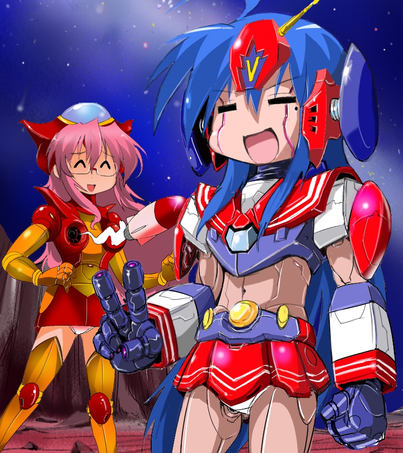 2girls, aphrodite_a, breast_missiles, choudenji_robo_combattler_v, combattler_v_(robot), crossover, firing, glasses