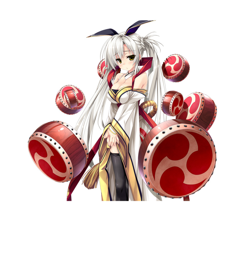 black_legwear, blush, breasts, cleavage, detached_sleeves, drum, floating_object, hands_together